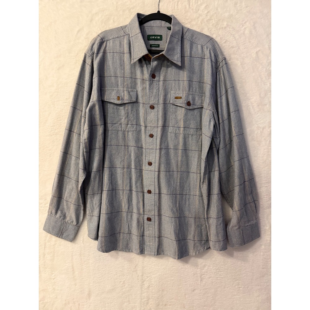 Orvis Fairbanks Flannel Shirt Mens XL Blue Plaid Elbow Patch Cotton Classic Fit